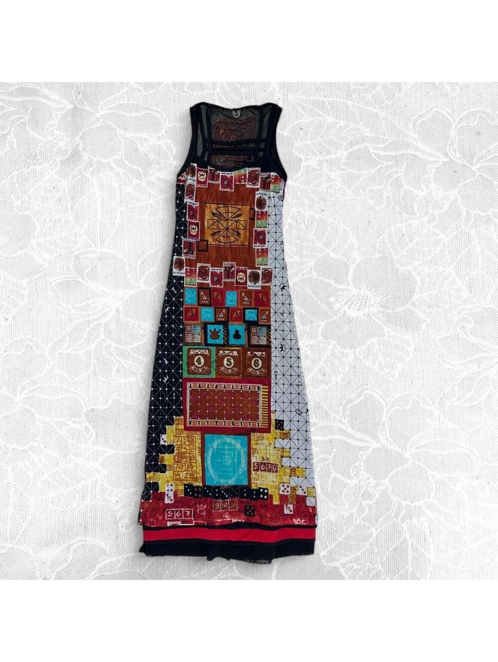 Save The Queen! Vintage Card Design Multicolored Mesh Maxi Bodycon Dress